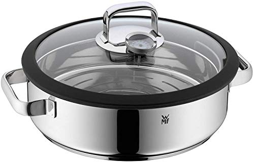 WMF Vitalis Fuente redondo de cocción al vapor, tapa de cristal con borde de silicona, termómetro, aroma cromargan, acero inoxidable pulido, inducción lavavajillas, 28 cm, 5 L