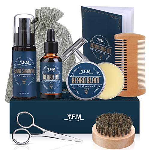 Y.F.M Kit de Cuidado de Barba para Hombres 8 en 1, Cuidado Barba - Champú, Aceite, Bálsamo de Barba, Peine, Afeitadora, Tijeras, Cepillo y Bolsa - Regalo Ideal para Todas Ocasiones y Aniversarios