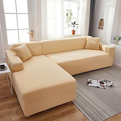 Yidaxing Funda para Sofá en Forma de L Funda Elástica Chaise Longue con Funda de Almohada de 2 Piezas(3 Plazas+3 Plazas, Beige)