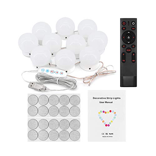 Yuhtech Kits de luces de espejo de vanidad, luces de maquillaje LED con 10 bombillas regulables para maquillaje Tocador con brillo ajustable (10 Bulbs + Remote Control + 3m Tape)