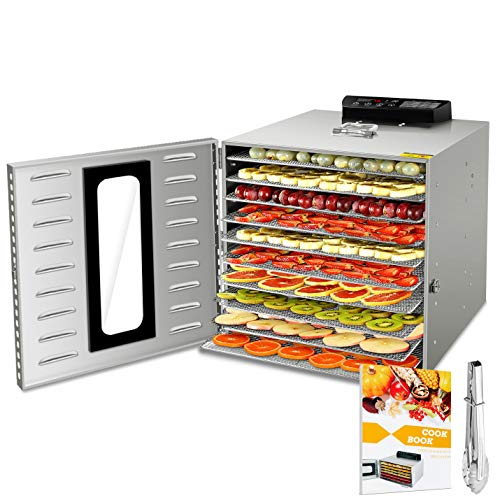 10 Bandejas Deshidratador Alimentos Recetas gratis Temperatura Ajustable 30~90℃, Acero Inoxidable Completo, Temporizador de 24 horas, 10 Pisos Deshidratadora de Frutas, bpa free,1000W