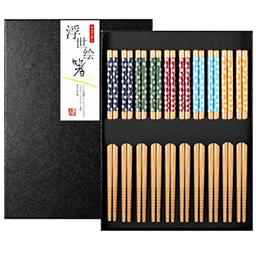 10 Pares Palillos de Bambu Japoneses Chopsticks Reutilizables Lavable con Caja de Regalo Negra para Sushi Cocina Asiática, Flor de cerezo