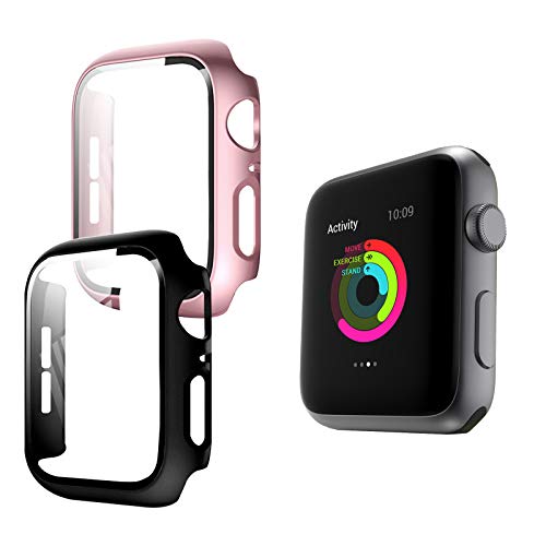 2 fundas con cristal blindado, ultrafinas de 40 mm, compatible con Apple Watch Serie 6/Series 5/Series 4, protección completa HD ultrafina, para iWatch (1 negro + 1 oro rosa)