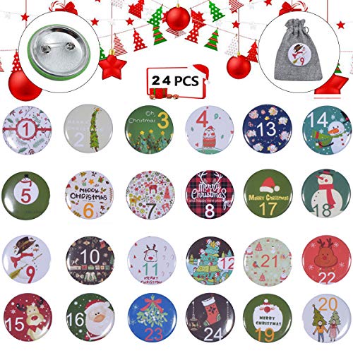 24 botones de calendario de adviento,Botones de calendario de Navidad,chapas numeros navidad,botones calendario de adviento,broches navidad