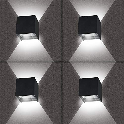 4 piezas 12W Aplique de pared LED Blanco Frio 6000K, LEDMO Lámpara de pared Interior/Exterior, 1000lm Negro lampara de pared IP65 Impermeable