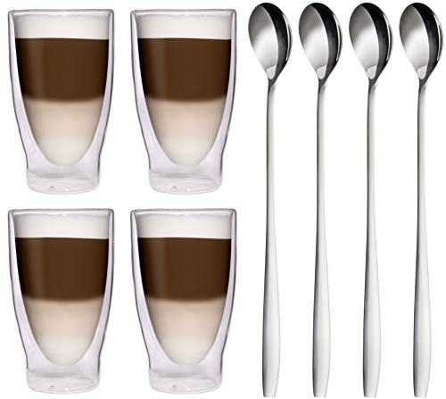 4 x 370 ml, XXL, doble pared Vasos térmicos + 4 x Cucharas de acero inoxidable 18/10 - Copas de cóctel/de vasos vasos/Té helado de/Zumo de agua y vasos - Feelino 4 x 370 ml, XXL, doble pared Vasos térmicos + 4 x Cucharas de acero inoxidable 18/10 - Copas de cóctel/de vasos vasos/Té helado de/Zumo de agua y vasos - Feelino