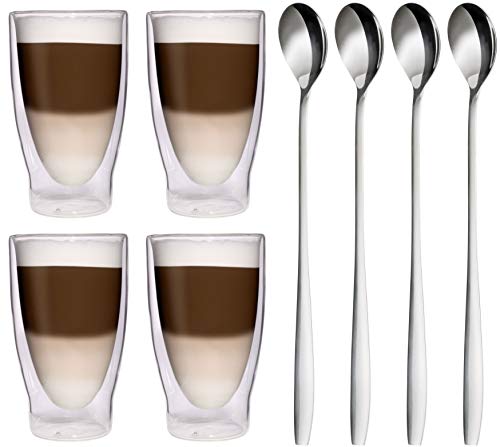 4 x 370 ml, XXL, doble pared Vasos térmicos + 4 x Cucharas de acero inoxidable 18/10 - Copas de cóctel/de vasos vasos/Té helado de/Zumo de agua y vasos - Feelino