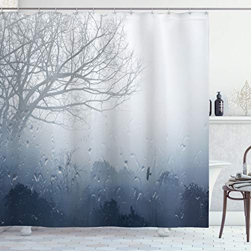 ABAKUHAUS Bosque Cortina de Baño, Paisaje romántico Mystic, Material Resistente al Agua Durable Estampa Digital, 175 x 200 cm, Denim Gris