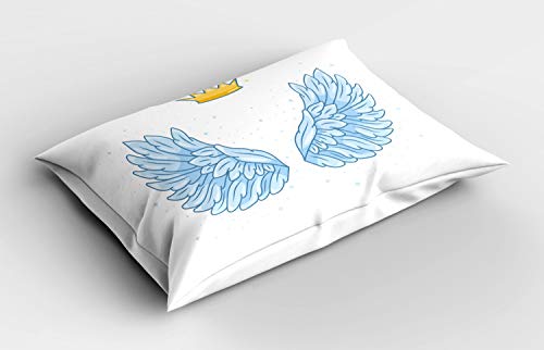 ABAKUHAUS Dibujos Animados Funda de Almohada, Angel Wings y Corona Encima, Decorativa de Suave Microfibra Estampada Lavable, 80 cm x 40 cm, Azul bebé Mostaza