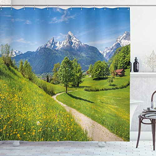 ABAKUHAUS Paisaje Cortina de Baño, Flores Silvestres en Alpes, Material Resistente al Agua Durable Estampa Digital, 175 x 240 cm, Amarillo Verde
