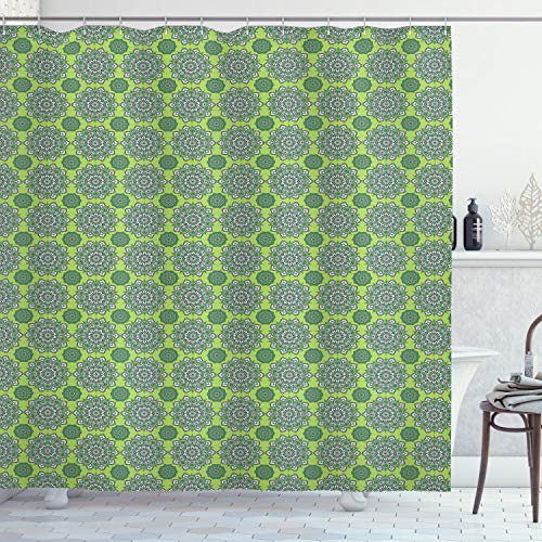 ABAKUHAUS Verde Lima Cortina de Baño, Mandala de Marruecos, Material Resistente al Agua Durable Estampa Digital, 175 x 220 cm, Helecho Verde Blanco