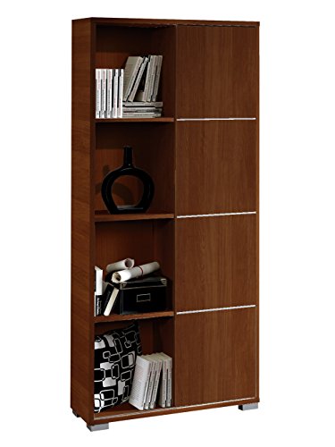 Abitti Librería estantería de pie Color wengué con Puerta corredera y Tiras Decorativas Metalizadas de salón, Comedor o Oficina. 180cm Altura x 80cm Ancho x 32cm Fondo.