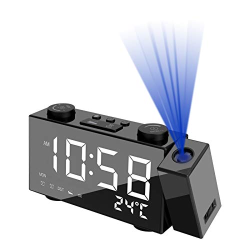 Aceshop Despertadores Digitales LED Reloj Despertador Proyector con Visualización de la Temperatura y la Semana, Radio FM, Relojes de Alarma Duales, Brillo Ajustable de 4 Niveles para Dormitorio