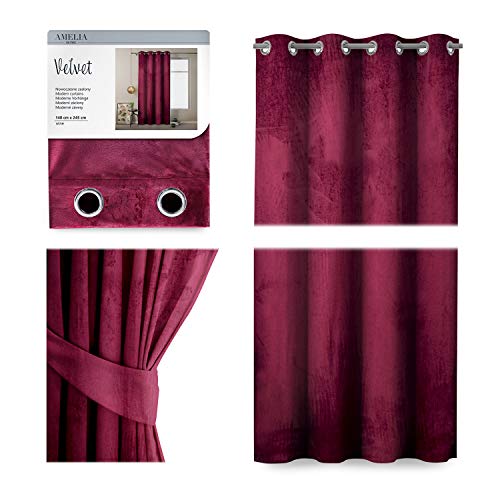 AmeliaHome Cortina de terciopelo, 140 x 270 cm, color rojo vino, 1 pieza, cortina de terciopelo opaca, decoración de ventana