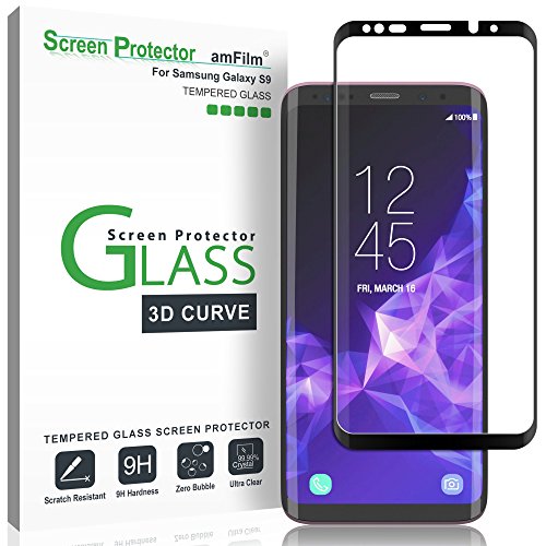 amFilm Galaxy S9 Protector Pantalla, Anti-Burbujas (3D Curvo) Cristal Vidrio Templado Protector de Pantalla para Samsung Galaxy S9 (Negro)