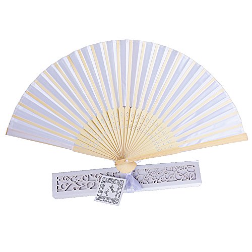 AONER 20pcs Abanico Blanco Plegable de Mano Tela Regalo Recuerdo Detalle para Invitados de Boda Fiesta Baile Arte Madera con Caja Papel para Guardar (Abanico Blanco+ Caja Blanca)