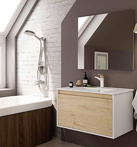Aquore | Mueble de Baño con Lavabo y Espejo | Mueble Baño Modelo Soole Suspendido 2 Cajones Interiores | Muebles de Baño | Diferentes Acabados Color | Varias Medidas (Bamboo, 60 cm)