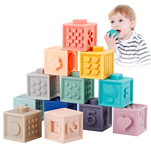 Babyhelen 12PCS Bloques de bebé, Bloques Apilables, Suaves Juguetes de bebé Mordedores Juguete Educativo Jugar con números Animales Formas de Texturas 6 Meses y más