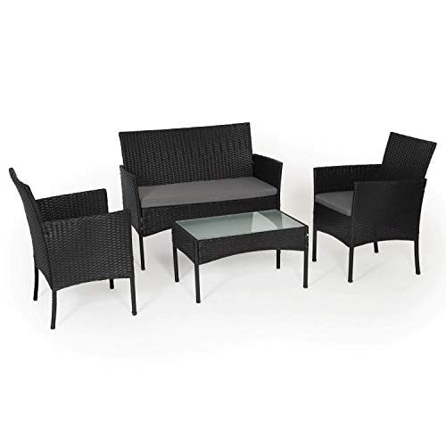 BENEFFITO Tulum - Muebles de jardín de Resina Trenzada Negra - 4 Asientos: 1 sofá, 2 sillones, 1 Mesa de Centro - Cojines Grises con Cremallera BENEFFITO Tulum - Muebles de jardín de Resina Trenzada Negra - 4 Asientos: 1 sofá, 2 sillones, 1 Mesa de Centro - Cojines Grises con Cremallera