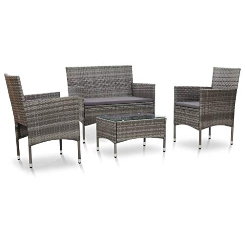 Benkeg Set Muebles de Jardín 4 Piezas y Cojines Ratán Sintético Gris, Conjunto de Comedor de Ratán Conjunto de Muebles de Jardín Conjunto de Sofás de Jardín de Ratán Comedor Jardin Ratan