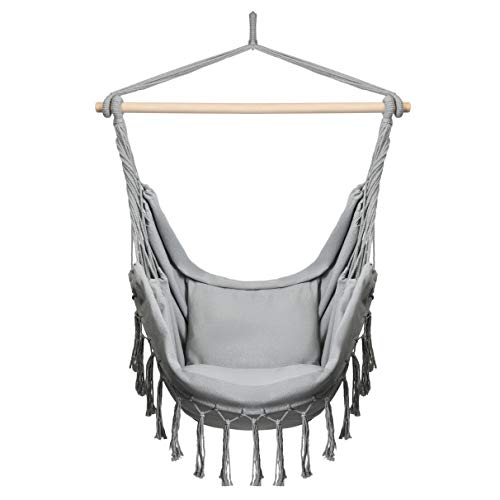 BOGATECO Silla Hamaca Colgante con 2 Cojines | Carga hasta 150 kg | Columpio Asiento para Interior y Exterior Casa, Patio y Jardín | Bolsa de Transporte en Conjunto | Gris Claro