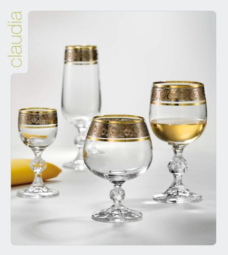 Bohemia Cristal Set 6 copas de Cognac Claudia con el grabado de plata, con el borde del oro, 230 ml