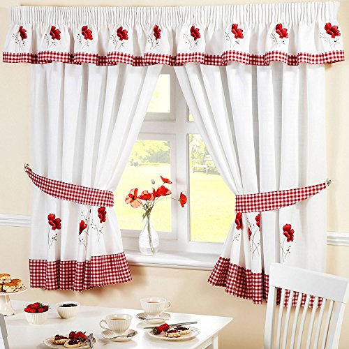 Bordado de flores amapolas cortina de cortinas plisadas de cocina Galería de cuadros, rojo/blanco, 345 x 25 cm