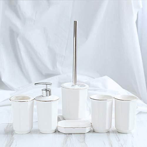 Botellas de loción para mostrador 6 Cerámica piezas de baño Set de accesorios de oro con bordes Emulsión dispensación Conjunto de bomba incluyen cepillo de dientes titular de cepillo y WC (blanco) Bot