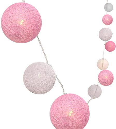 Cadena de luces con bolas de algodón, funciona con pilas, 3,3 m, 20 bolas LED, para interior o pared, iluminación de Navidad, decoración para bodas, habitaciones, hogar, fiestas (rosa)