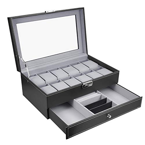 Caja para relojes de 12 rejillas, organizador de relojes, caja de joyas de doble capa, caja de relojes con cierre con tapa de cristal, vitrina de piel sintética para almacenamiento y pantalla