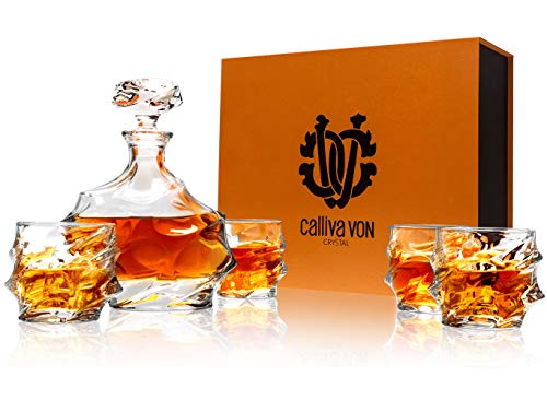 calliva von 5 Piezas Vasos y Jarra de Whisky Cristal Sin Plomo, 750 ml Decantador de Whisky con 4 Copas de Whisky 320 ml
