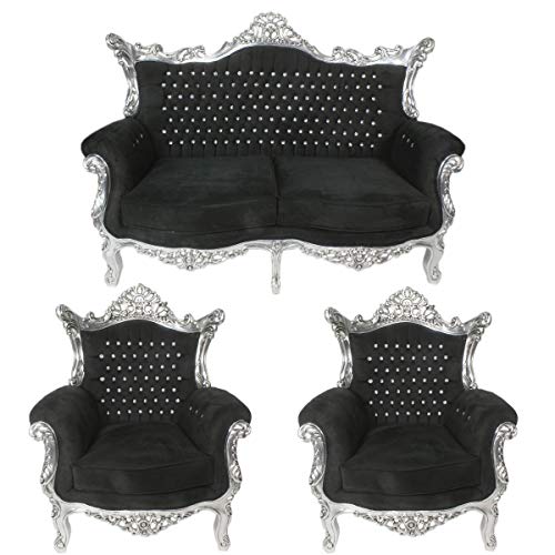 Casa Padrino Juego de Sala Barroco Negro/Plateado con Diamantes de imitación Bling Bling - sofá 2 plazas + 2 sillones - Muebles barrocos