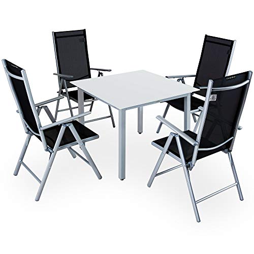 Casaria Conjunto de 1 Mesa y 4 sillas de Aluminio Bern Respaldo reclinable Plateado Muebles de jardín terraza Casaria Conjunto de 1 Mesa y 4 sillas de Aluminio Bern Respaldo reclinable Plateado Muebles de jardín terraza