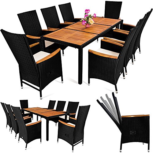 Casaria Conjunto de jardín set de 1 mesa y 8 sillas con cojines 7cm de grosor reposabrazos y tablero de madera de acacia Casaria Conjunto de jardín set de 1 mesa y 8 sillas con cojines 7cm de grosor reposabrazos y tablero de madera de acacia