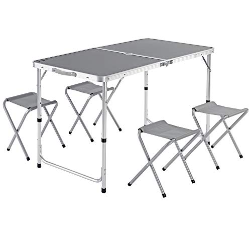Casaria Mesa de Aluminio Plegable XXL 4 taburetes Plegables función de Maleta Camping Transporte fácil Gris jardín Casaria Mesa de Aluminio Plegable XXL 4 taburetes Plegables función de Maleta Camping Transporte fácil Gris jardín