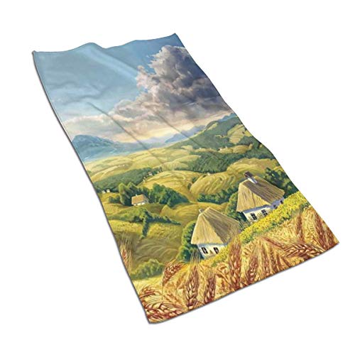 Ccsoixu Kitchen Dish Towels Wash Cloth Car Household Pet Bath Towel,Paint of Summer Rural Landscape with Wheat and Small Country Houses In Valley Art,27.5 Inch X15.7Inch