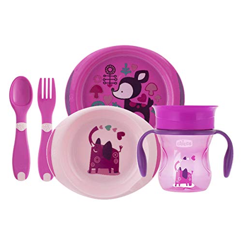 Chicco - Set completo comida, incluye platos + cubiertos + vaso, 12 m+, rosa
