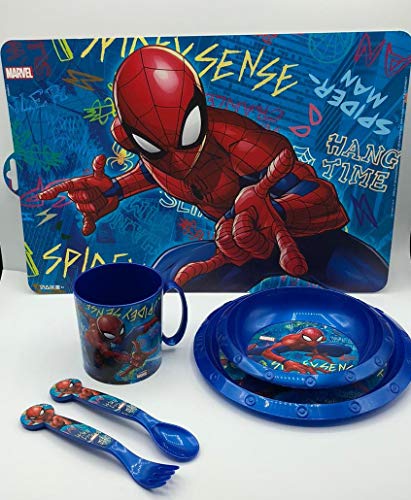 CM Set de Vajilla Infantil Spiderman para niño y niña. 6 Piezas: Plato, Taza, Cubiertos, Vaso y Mantel con diseño de Disney