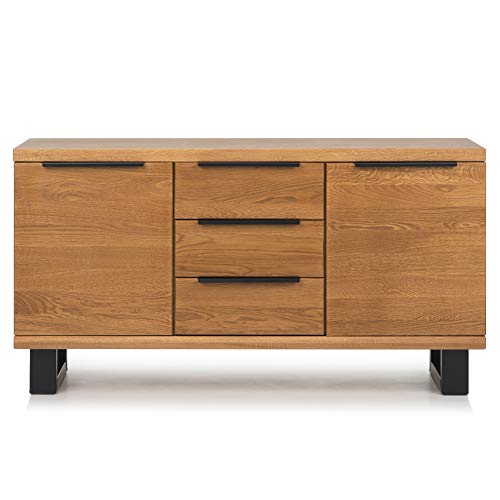 COMIFORT Aparador para Salón de Madera Maciza, Mueble de Salón Moderno de Roble, Estilo Minimalista, Buffet de Almacenaje 3 cajones y 2 compartimentos, patas de acero inoxidable, 140cm x 74cm x 47,5cm