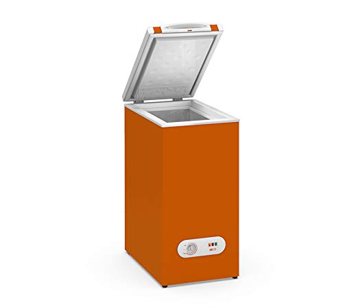 Congelador Horizontal pequeño TENSAI, color Naranja, 60 litros de capacidad y 38,4 cm de ancho con clasificación energética A+
