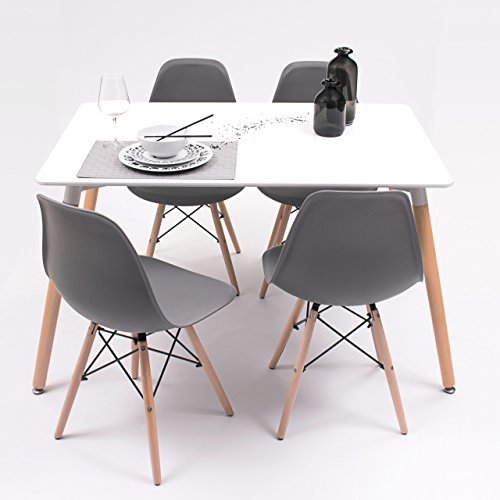 Conjunto de Comedor Tower con Mesa lacada Blanca y 4 sillas, de diseño nórdico (120x80, Gris Oscuro)