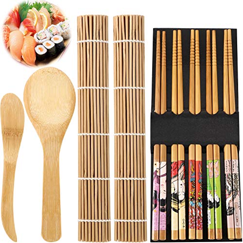 Conjunto de Herramientas de Principiantes de Hacer Sushi Incluye Almohadillas de Sushi Cortina de Bambú de Arroz Nori Equipo de Esterilla Palillos Paleta de Arroz y Esparcidor de Arroz, Set de 9
