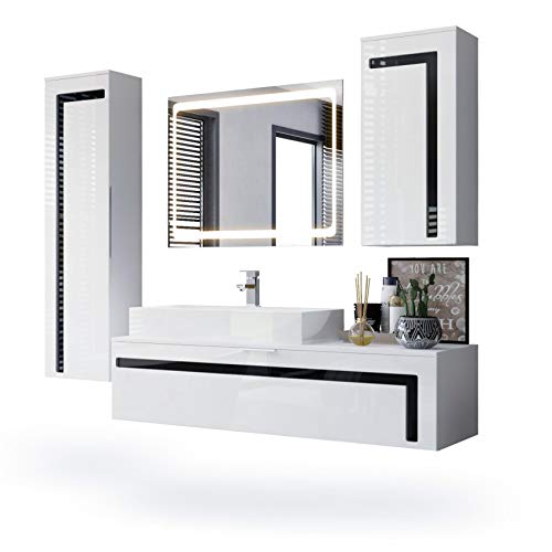 Conjunto de Muebles para baño Aloha, Cuerpo en Blanco Mate/Frentes en Blanco de Alto Brillo con molduras en Negro de Alto Brillo con Lavabo y Espejo LED