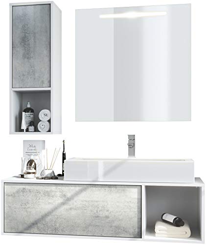 Conjunto de Muebles para baño La Costa, Cuerpo en Blanco Mate/Frentes en hormigón Oxidado con Lavabo, grifería y Espejo LED