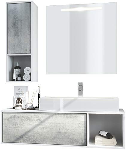 Conjunto de Muebles para baño La Costa, Cuerpo en Blanco Mate/Frentes en hormigón Oxidado con Lavabo, grifería y Espejo LED Conjunto de Muebles para baño La Costa, Cuerpo en Blanco Mate/Frentes en hormigón Oxidado con Lavabo, grifería y Espejo LED