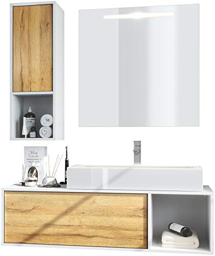 Conjunto de Muebles para baño La Costa, Cuerpo en Blanco Mate/Frentes en Roble Natural con Lavabo, grifería y Espejo LED Conjunto de Muebles para baño La Costa, Cuerpo en Blanco Mate/Frentes en Roble Natural con Lavabo, grifería y Espejo LED