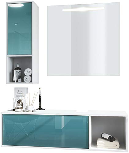Conjunto de Muebles para baño La Costa, Cuerpo en Blanco Mate/Frentes petróleo de Alto Brillo, con Espejo LED Conjunto de Muebles para baño La Costa, Cuerpo en Blanco Mate/Frentes petróleo de Alto Brillo, con Espejo LED