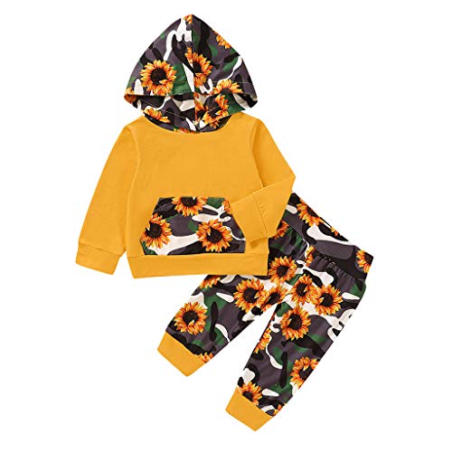 Conjunto de ropa de bebé niña con estampado de camuflaje, girasoles de manga larga, sudadera con capucha y pantalones para bebé, sudadera con bolsillo canguro Amarillo amarillo 9 mes