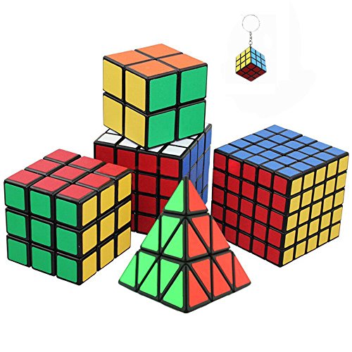 Conjunto de seis impresionantes cubos mágicos incl. Pyraminx, 2x2, 3x3, 4x4, Cubo del rompecabezas 5x5 + mini cubo del juego llaveros