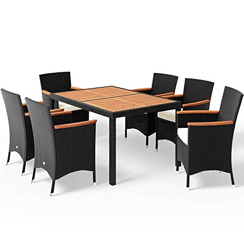 Conjunto de sillas y mesa 6+1 poliratán cojines de 7cm grosor Madera apoyabrazos sillas apilables terraza jardín patio Conjunto de sillas y mesa 6+1 poliratán cojines de 7cm grosor Madera apoyabrazos sillas apilables terraza jardín patio